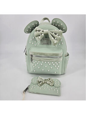 Loungefly Minnie Mouse Mint and Pearl Ears Mini Backpack Cardholder Set NWT